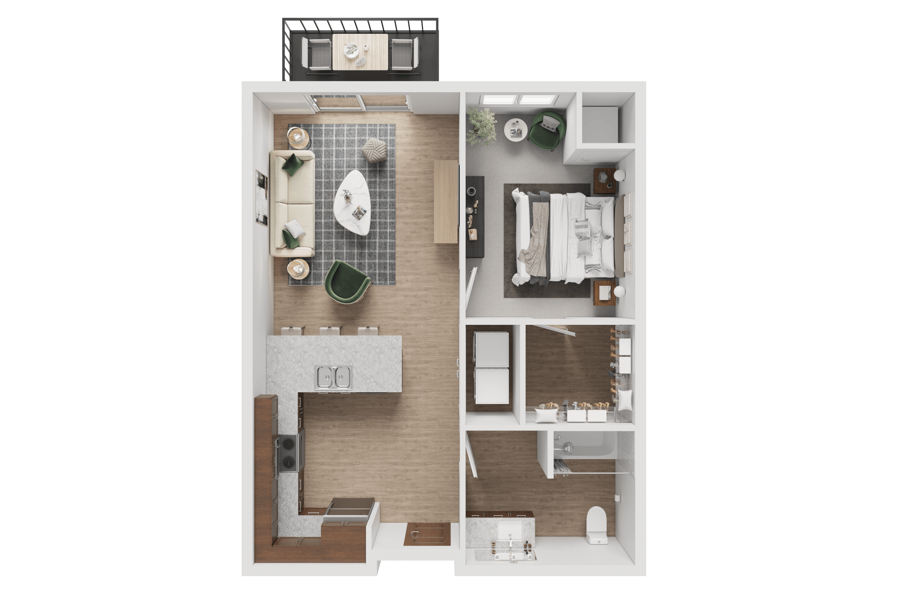 Floor plan for 1 bed, 1 bath, 711 sqft